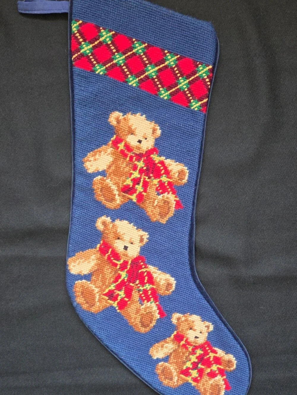 Teddy Bear Christmas Stocking with Red Plaid Accent